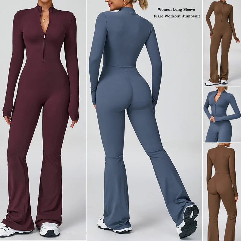 VITALINOVO Women Long Sleeve Flare Workout Jumpsuit