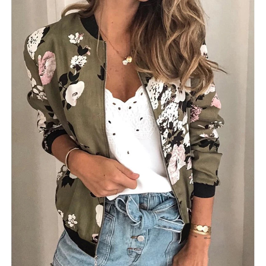 Women Elegant Zipper Bomber Jacket Spring