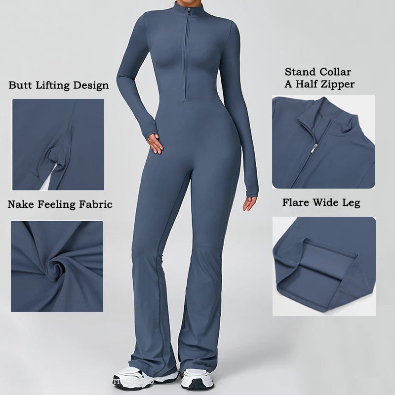 VITALINOVO Women Long Sleeve Flare Workout Jumpsuit